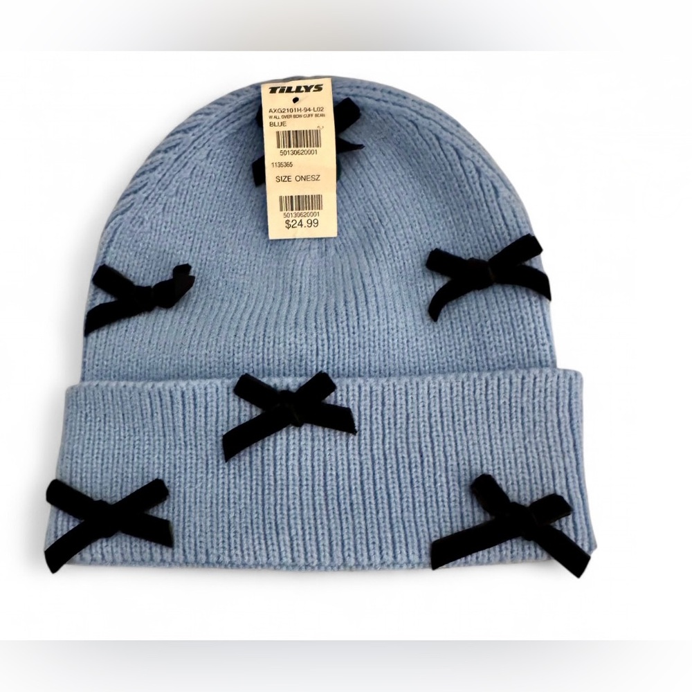 Tilly's Light Blue Beanie with Black Bows